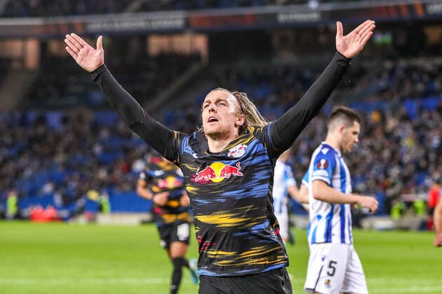 Tor, Torjubel, zum 1:3 durch Emil Forsberg (RB Leipzig, 10), ESP, Real Sociedad vs. RB Leipzig, UEFA Europa League Play-Offs, Spielzeit 2021 2022, 24.02.2022, DFB DFL regulations prohibit any use of photographs as image sequences and or quasi-video., ESP, Real Sociedad vs. RB Leipzig, UEFA Europa League Play-Offs, Spielzeit 2021 2022, 24.02.2022 San Sebastian Copyright: xEibner-Pressefoto GabrielxBoiax EP_EEP