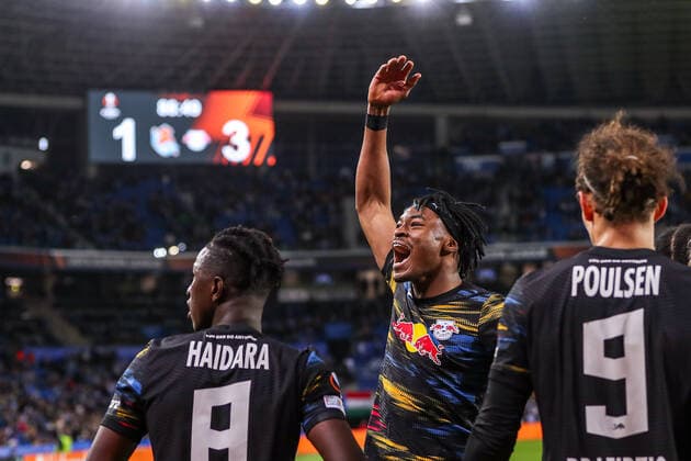 Tor, Torjubel, zum 1:3 durch Emil Forsberg (RB Leipzig, 10), ESP, Real Sociedad vs. RB Leipzig, UEFA Europa League Play-Offs, Spielzeit 2021 2022, 24.02.2022, DFB DFL regulations prohibit any use of photographs as image sequences and or quasi-video., ESP, Real Sociedad vs. RB Leipzig, UEFA Europa League Play-Offs, Spielzeit 2021 2022, 24.02.2022 San Sebastian Copyright: xEibner-Pressefoto GabrielxBoiax EP_EEP