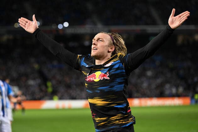 Torjubel zum 1:3 durch Emil Forsberg 10 (Leipzig), Real Sociedad vs. RB Leipzig, Europa League, PLayoff Rueckspiel, 24.02.2022 Donostia-San Sebastian Donostia-San Sebastian Spanien