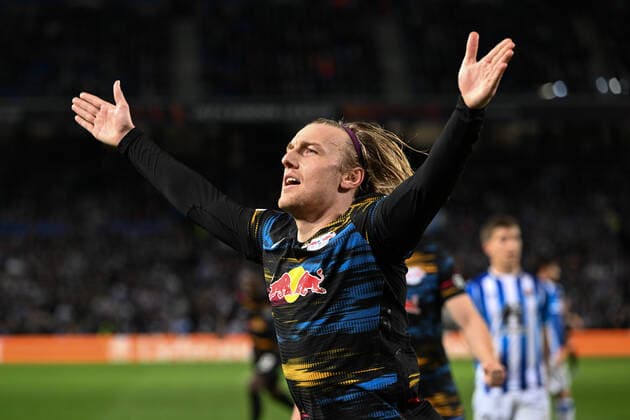 Torjubel zum 1:3 durch Emil Forsberg 10 (Leipzig), Real Sociedad vs. RB Leipzig, Europa League, PLayoff Rueckspiel, 24.02.2022 Donostia-San Sebastian Donostia-San Sebastian Spanien
