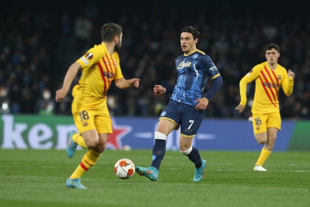 Italy: Europa League football match SSC Napoli vs Barcellona SSC Napoli s Macedonian midfielder Eljif Elmas controls the ball during the UEFA Europa League football match between SSC Napoli and Barcellona at the Diego Armando Maradona Stadium in Naples, southern Italy, on February 24, 2022. ABPH8629 Copyright: xAntonioxBalascox