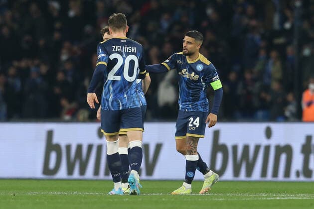 Italy: Europa League football match SSC Napoli vs Barcellona SSC Napoli s Italian striker Lorenzo Insigne celebrates after scoring a goal during the UEFA Europa League football match between SSC Napoli and Barcellona at the Diego Armando Maradona Stadium in Naples, southern Italy, on February 24, 2022. ABPH8936 Copyright: xAntonioxBalascox