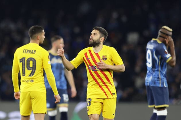 Photo Alessandro Garofalo LaPresse February 24, 2022 Naples, Italy soccer Napoli vs Barcellona - Europa League 2021 2022 - Diego Armando Maradona stadium. In the pic: Jordi Alba (FC Barcellona) celebrates after scoring goal 1-0  Copyright: xAlessandroxGarofalo LaPressex