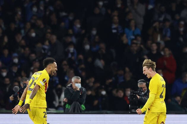 Photo Alessandro Garofalo LaPresse February 24, 2022 Naples, Italy soccer Napoli vs Barcellona - Europa League 2021 2022 - Diego Armando Maradona stadium. In the pic: Frankie de Jong (FC Barcellona) celebrates after scoring goal 2-0  Copyright: xAlessandroxGarofalo LaPressex