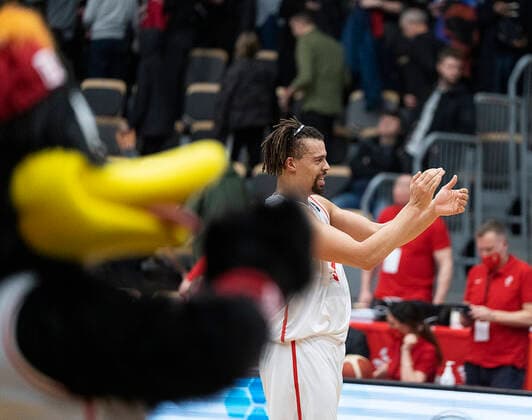 Danmarks Jonas Zohore. Danmark moeder Norge i en EM-kvalifikationskamp i basketball, spillet i Naestved, torsdag den 24. februar 2022.. , Naestved Denmark