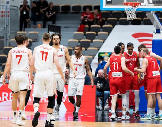Danmark moeder Norge i en EM-kvalifikationskamp i basketball, spillet i Naestved, torsdag den 24. februar 2022.. , Naestved Denmark