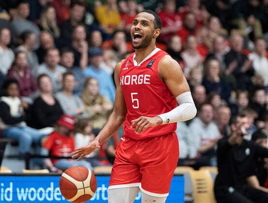 Norges Chris-Ebou Ndow. Danmark moeder Norge i en EM-kvalifikationskamp i basketball, spillet i Naestved, torsdag den 24. februar 2022.. , Naestved Denmark