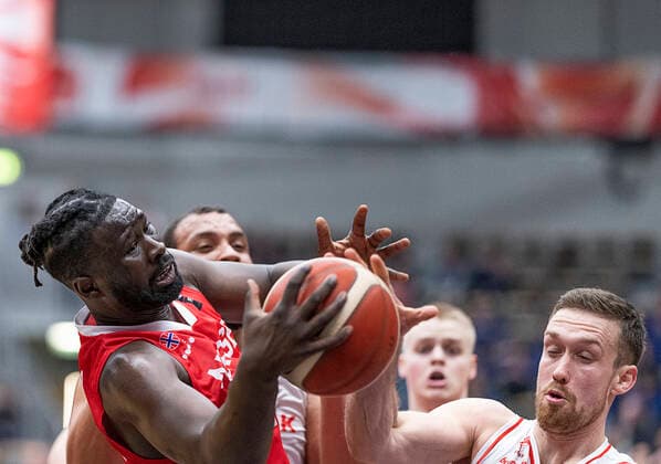Norges Karamo Jawara. Danmark moeder Norge i en EM-kvalifikationskamp i basketball, spillet i Naestved, torsdag den 24. februar 2022.. , Naestved Denmark