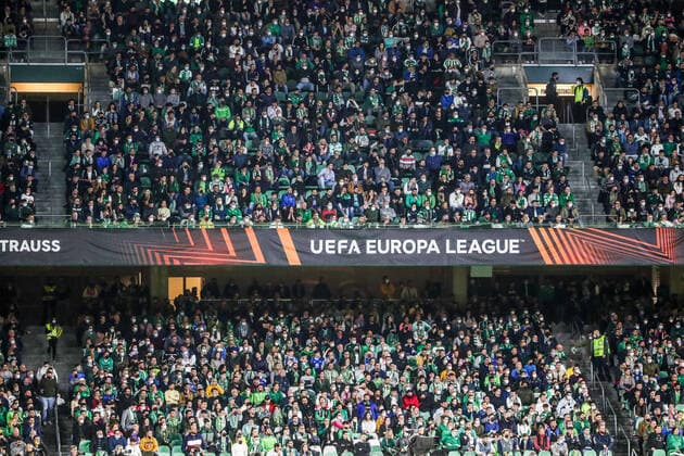SEVILLE, SPAIN â€“ FEBRUARY 24, 2022: Spectators are seen during the second leg of a UEFA Europa League playoff fooball match between Betis and Zenit St Petersburg at Benito Villamarin Stadium. Alexander Demianchuk TASS  TS1254CD