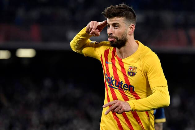 Gerard Pique of Barcelona celebrates after scoring the goal of 1-3 during the Europa League Knock-out Play-off Second leg football match between SSC Napoli and FC Barcelona, Barca at Diego Armando Maradona stadium in Napoli (Italy), February 24th, 2021. Photo Andrea Staccioli Insidefoto andreaxstaccioli
