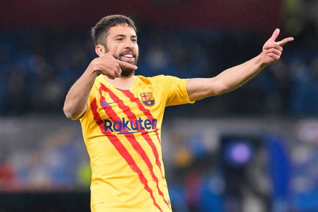 Mandatory Credit: Photo by Salvatore Varo LiveMedia Shutterstock (12821634s) Jordi Alba (18) FC Barcelona, Barca celebrates after scoring a goal football Europa League match SSC Napoli vs FC Barcellona, Diego Armando Maradona stadium, Naples, Italy - 24 Feb 2022 football Europa League match SSC Napoli vs FC Barcellona, Diego Armando Maradona stadium, Naples, Italy - 24 Feb 2022  Copyright: xSalvatorexVaro LiveMedia Shutterstockx 12821634s