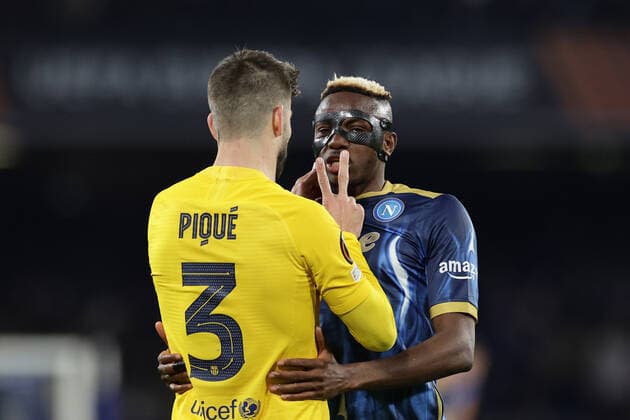 Gerard Pique of Barcelona and Victor Osimhen of SSC Napoli during the Europa League Knock-out Play-off Second leg football match between SSC Napoli and FC Barcelona, Barca at Diego Armando Maradona stadium in Napoli (Italy), February 24th, 2021. Photo Cesare Purini Insidefoto cesarexpurini