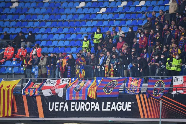 February 24, 2022, Naples, Italy: Naples, Italy, Diego Armando Maradona stadium, February 24, 2022, FC Barcelona, Barca supporters during SSC Napoli vs FC Barcellona - football Europa League match. football Europa League match - SSC Napoli vs FC Barcellona, Naples, Italy - ZUMAl164 20220224_zsa_l164_437 Copyright: xCarmeloxImbesix