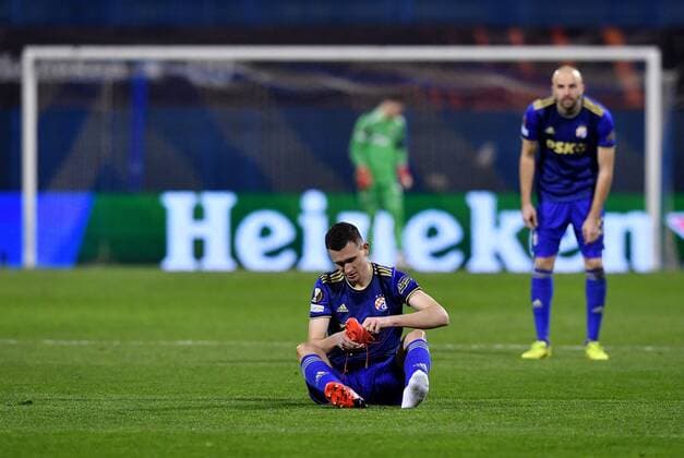 Dinamo Zagreb v Sevilla FC: Knockout Round Play-Offs Leg Two - UEFA Europa League ZAGREB, CROATIA - FEBRUARY 24: Daniel Stefulj of Dinamo Zagreb sitting on a pitch during the UEFA Europa League Knockout Round Play-Offs Leg Two match between Dinamo Zagreb and Sevilla FC at Maksimir Stadium on February 24, 2022 in Zagreb, Croatia. MarkoxLukunic PIXSELL
