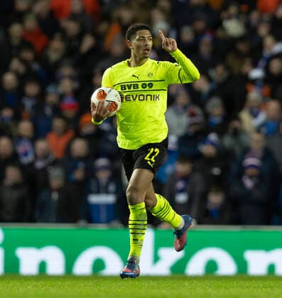 Football - 2021 2022 UEFA Europa League - Round of 32 - Second Leg - Glasgow Rangers vs Borussia Dortmund - Ibrox Stadium - Thursday 24th February 2022. Jude Bellingham of Borussia Dortmund scores to make it 1-1 