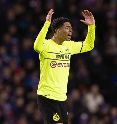 Football - 2021 2022 UEFA Europa League - Round of 32 - Second Leg - Glasgow Rangers vs Borussia Dortmund - Ibrox Stadium - Thursday 24th February 2022. Jude Bellingham of Borussia Dortmund scores to make it 1-1 