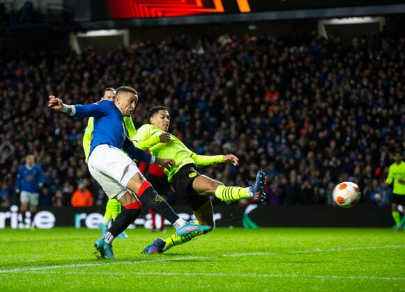 Football - 2021 2022 UEFA Europa League - Round of 32 - Second Leg - Glasgow Rangers vs Borussia Dortmund - Ibrox Stadium - Thursday 24th February 2022. James Tavernier of Rangers scores to make it 2-2 