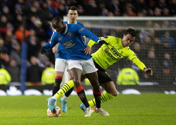 Football - 2021 2022 UEFA Europa League - Round of 32 - Second Leg - Glasgow Rangers vs Borussia Dortmund - Ibrox Stadium - Thursday 24th February 2022. Glen Kamara of Rangers vies with Mateu Morey of Borussia Dortmund 