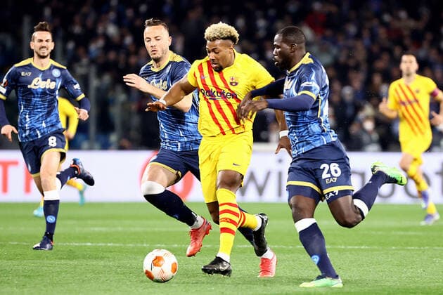 NAPLES, ITALY – FEBRUARY 24: Adama Traore of FC Barcelona, Barca vies with Kalidou Koulibaly of SSC Napoli during the UEFA Europa League match between SSC Napoli and FC Barcelona at Stadio Diego Armando Maradona on February 24, 2022 in Naples, Italy Copyright: xFotoagenziax