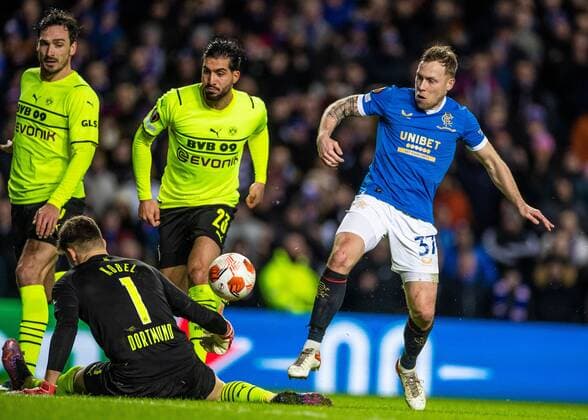 Mandatory Credit: Photo by Kirk O Rourke Rangers FC Shutterstock (12821153dq) Scott Arfield of Rangers has his shot saved by Borussia Dortmand goalkeeper Gregor Kobel during the last 32 Europa League match at Ibrox Stadium, Glasgow. Rangers v Borussia Dortmund, UEFA Europa League, Play-offs, Second Leg, Football, Ibrox Stadium, Glasgow, UK - 24 Feb 2022 Rangers v Borussia Dortmund, UEFA Europa League, Play-offs, Second Leg, Football, Ibrox Stadium, Glasgow, UK - 24 Feb 2022 Copyright: xKirkxO Rourke RangersxFC Shutterstockx 12821153dq