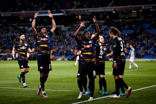 FOOTBALL - Europa League - Real Sociedad vs RB Leipzig Players of RB Leipzig reacts after scoring goal during the UEFA Europa League Knockout Round Play-Offs Leg One match between, Real Sociedad and RB Leipzig at Reale Arena on 24 of February, 2022 in San Sebastian, Spain. San Sebastian Reale Arena Basque Country Spain RSO-RBL057 Copyright: xRicardoxLarreinax