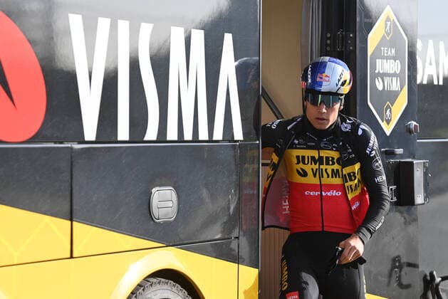 Belgian Wout Van Aert of Team Jumbo-Visma pictured at the reconnaissance of the track, ahead of the one-day cycling race Omloop Het Nieuwsblad, Friday 25 February 2022, in Oudenaarde. DAVIDxSTOCKMAN  x13491588x