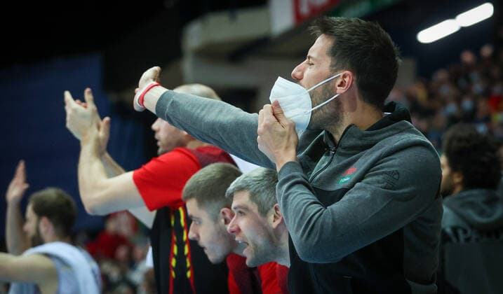 Belgium s Sam Van Rossom reacts during a match between the Belgian national men team the Belgian Lions and Latvia, a qualifier match in Group A, ahead of the World Cup Basketball, Friday 25 February 2022, in Mons. VIRGINIExLEFOUR  x13805859x