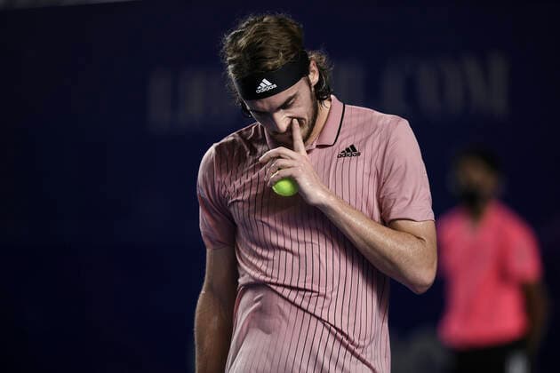 (220226) -- ACAPULCO, Feb. 26, 2022 -- Stefanos Tsitsipas of Greece reacts during the men s singles semifinal match against Cameron Norrie of Great Britain at the 2022 ATP, Tennis Herren Mexican Open tennis tournament in Acapulco, Mexico, Feb. 25, 2022. ) (SP)MEXICO-ACAPULCO-TENNIS-ATP-MEXICAN OPEN-SEMIFINALS XinxYuewei 