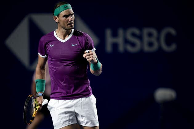 (220226) -- ACAPULCO, Feb. 26, 2022 -- Rafael Nadal of Spain reacts during the men s singles semifinal match against Daniil Medvedev of Russia at the 2022 ATP, Tennis Herren Mexican Open tennis tournament in Acapulco, Mexico, Feb. 25, 2022. ) (SP)MEXICO-ACAPULCO-TENNIS-ATP-MEXICAN OPEN-SEMIFINALS XinxYuewei 
