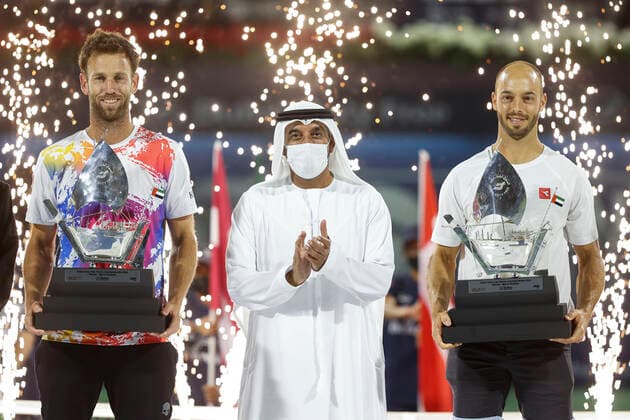 Herren Doppel Sieger L-R. Tim Puetz und Michael Venus mit Pokal, Trophäe mit Sheikh Ahmed Bin Saeed Al Maktoum in der Mitte,Siegerehrung, Praesentation Copyright: xJuergenxHasenkopfx