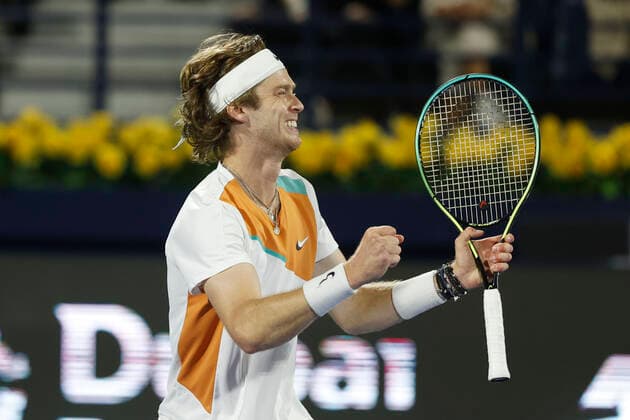 Andrey Rublev jubelt nach dem Sieg, Jubel, Freude, Emotion, Finale, Endspiel Tennis - Dubai Duty Free Tennis Championships - ATP, Tennis Herren - Dubai Duty Free Tennis Stadium - Dubai - - United Arab Emirates - 26 February 2022. Copyright: xJuergenxHasenkopfx