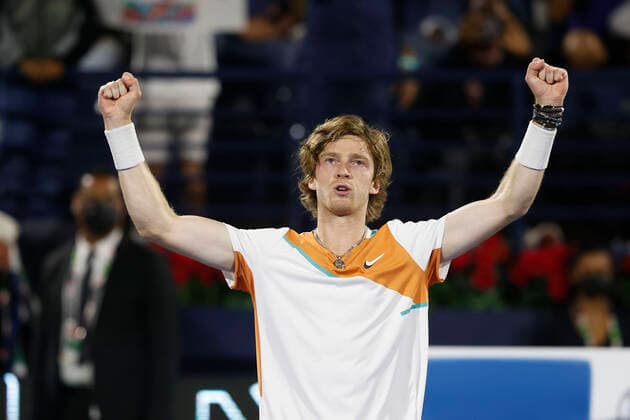 Andrey Rublev jubelt nach dem Sieg, Jubel, Freude, Emotion, Finale, Endspiel Tennis - Dubai Duty Free Tennis Championships - ATP, Tennis Herren - Dubai Duty Free Tennis Stadium - Dubai - - United Arab Emirates - 26 February 2022. Copyright: xJuergenxHasenkopfx