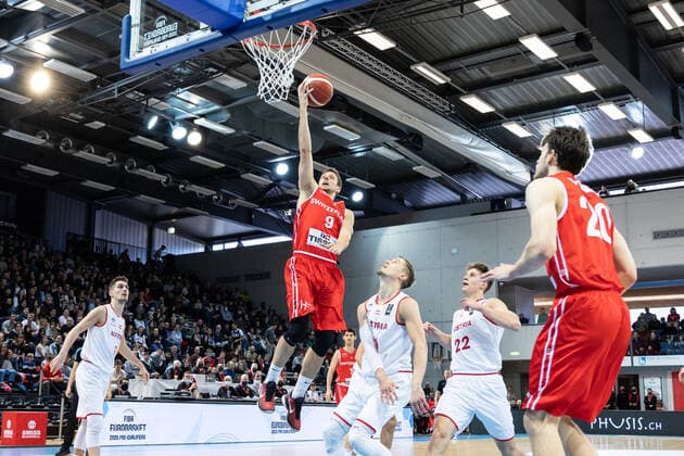 27.02.2022, Fribourg, Halle St. Leonard, FIBA Men& x92;s EuroBasket 2025 Pre-Qualification: Switzerland - Austria, 9 Roberto Kovac (Switzerland) Fribourg Halle St. Leonard Fribourg Switzerland Copyright: xJustPictures.ch SirianexDavetx