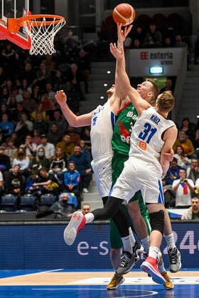 (L-R) Martin Peterka of Czech Republic, Dimitar Dimitrov of Bulgaria and Martin Kriz of Czech Republic in action during the men’s basketball qualification match for the 2023 World Championship, WM, Weltmeisterschaft Czech Republic vs Bulgaria in Pardubice, Czech Republic, February 27, 2022. (CTKxPhoto DavidxTanecek) CTKPhotoP2022022709803  TAD 019