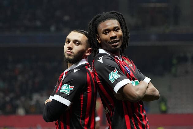 Joie - Amine Gouiri (OGC Nice) - Khephren Thuram (OGC Nice) FOOTBALL : OGC Nice vs Versailles - Demi finale de coute de France - Nice - 01 03 2022 NorbertScanella Panoramic 