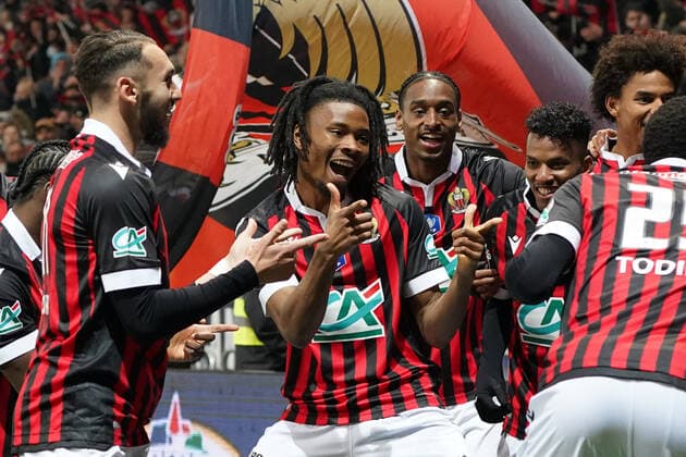 Joie - Amine Gouiri (OGC Nice) - Calvin Stengs (OGC Nice) - Khephren Thuram (OGC Nice) FOOTBALL : OGC Nice vs Versailles - Demi finale de coute de France - Nice - 01 03 2022 NorbertScanella Panoramic 