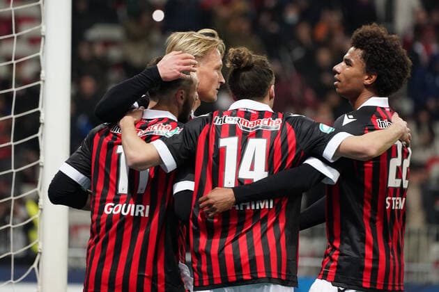 Joie - Kasper Dolberg (OGC Nice) - Calvin Stengs (OGC Nice) - Amine Gouiri (OGC Nice) - Billal Brahimi (OGC Nice) FOOTBALL : OGC Nice vs Versailles - Demi finale de coute de France - Nice - 01 03 2022 NorbertScanella Panoramic 