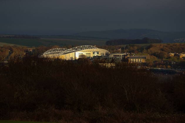 Mandatory Credit: Photo by Andrew Fosker BPI Shutterstock (11675492az) General View of the Amex Stadium from the Hollingbury Park Golf Course catches the late winter sun Brighton & Hove Albion v Wolverhampton Wanderers, Premier League, Football, Amex Stadium, Brighton, UK - 02 Jan 2021 EDITORIAL USE ONLY No use with unauthorised audio, video, data, fixture lists, club league logos or live services. Online in-match use limited to 120 images, no video emulation. No use in betting, games or single club league player publications. Brighton & Hove Albion v Wolverhampton Wanderers, Premier League, Football, Amex Stadium, Brighton, UK - 02 Jan 2021 EDITORIAL USE ONLY No use with unauthorised audio, video, data, fixture lists, club league logos or live services. Online in-match use limited to 120 images, no video emulation. No use in betting, games or single club league player publications. Copyright: xAndrewxFosker BPI Shutterstockx 11675492az