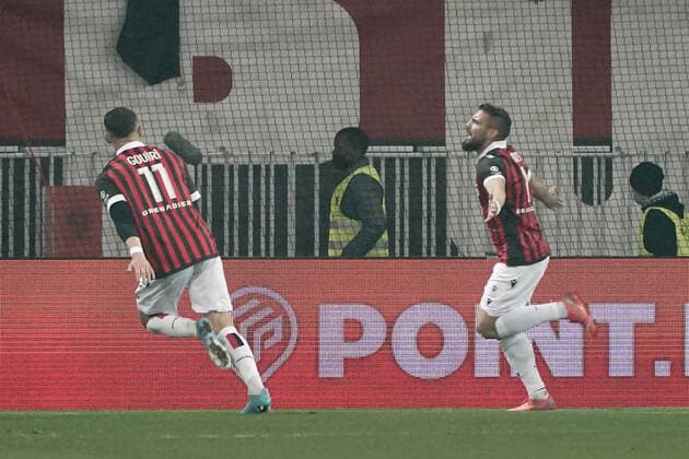Fußball, OGC Nizza - Paris St. Germain Joie - Andy Delort (OGC Nice) - Amine Gouiri (OGC Nice) FOOTBALL : OGC Nice vs PSG - Ligue 1 Uber Eats - Nice - 05 03 2022 NorbertScanella Panoramic 