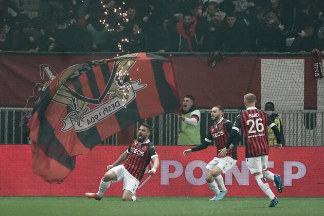 Fußball, OGC Nizza - Paris St. Germain Joie - Andy Delort (OGC Nice) - Amine Gouiri (OGC Nice) FOOTBALL : OGC Nice vs PSG - Ligue 1 Uber Eats - Nice - 05 03 2022 NorbertScanella Panoramic 