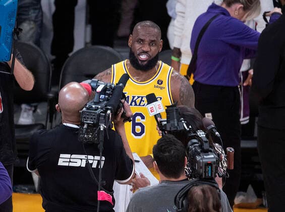 March 5, 2022, Los Angeles, California, USA: LeBron James 6 of the Los Angeles Lakers is interviewed after winning their NBA, Basketball Herren, USA game against the Golden State Warriors on Saturday March 5, 2022 at Crypto.com Arena in Los Angeles, California. James scored 56 points during the game. Lakers defeat Warriors, 124-116. PI Los Angeles USA - ZUMAp124 20220305_zaa_p124_059 Copyright: xJAVIERxROJASx