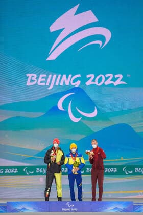 Paralympics, BEIJING 2022, Biathlon, Siegerehrung mit Marco Maier Paralympic Games Beijing 2022 06.3.2022 Day (2) ZHANGIJAKOU, PEOPLES REPUBLIC OF CHINA - MARCH 06: Image of the Paralympic Games Beijing 2022 during the at Zhangijakou Medals Plaza of Zhangijakou on 06.3.2022 in Hebei Peoples Republic of China. MAIER, Marco (GER), local club: SV Kirchzarten (BAD), date of birth: 20.12.1999 place of birth: Oberstdorf, paralympic classification: LW8 standing receiving his bronce medal. Oliver Kremer DBS Copyright: xBEAUTIFULxSPORTS OliverxKremerx