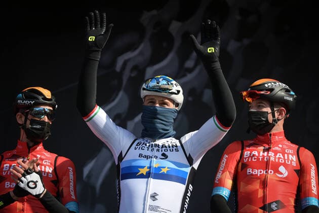 Italian Sonny Colbrelli of Bahrain Victorious pictured at the start of the first stage of 80th edition of the Paris-Nice eight day cycling stage race, from and to Mantes-la-Ville (159,8km), Sunday 06 March 2022. DAVIDxSTOCKMAN  x18724234x