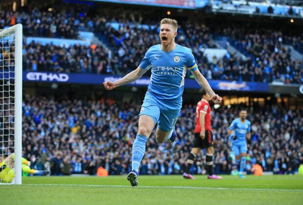Man City v Man United 06 March 2022 - Premier League - Manchester City v Manchester United, ManU - Kevin de Bruyne of Manchester City celebrates after scoring the opening goal. Photo by Simon Stacpoole. Manchester UK Copyright: xSimonxStacpoolexOffside