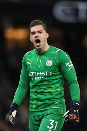 Football - Premier League - Manchester City v Manchester United, ManU 6th March 2022 - Premier League - Manchester City v Manchester United - Manchester City goalkeeper Ederson celebrates - Photo: Simon Stacpoole Offside. Manchester UK Copyright: xSimonxStacpoolexOffside