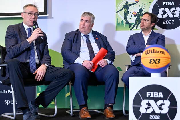 Kamil Novak, FIBA Executive Director Europe, Peter Wouters, Antwerp Alderman of Sports and Michel Francken, CEO Golazo Events pictured during a press conference, PK, Pressekonferenz on the World Championship, WM, Weltmeisterschaft basket 3x3 in Antwerp from 21 to 26 June 2022, Tuesday 08 March 2022, in Berchem. DIRKxWAEM  x19462405x
