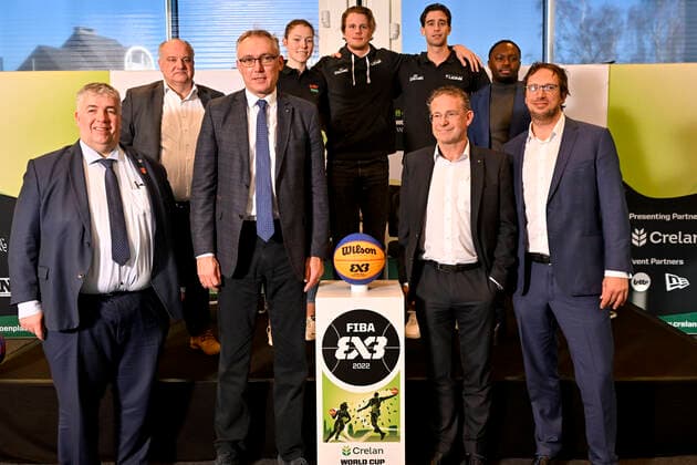 Peter Wouters, Antwerp Alderman of Sports, Koen Umans, General Manager Belgian Cats, Kamil Novak, FIBA Executive Director Europe, Ine Joris, athlete Thibaut Vervoort , athlete Rafael Bogaerts , Joris Cnockaert, Chief Commercial Officer Crelan-AXA, Lieven Ndala and Michel Francken, CEO Golazo Events pictured during a press conference, PK, Pressekonferenz on the World Championship, WM, Weltmeisterschaft basket 3x3 in Antwerp from 21 to 26 June 2022, Tuesday 08 March 2022, in Berchem. DIRKxWAEM  x19465919x