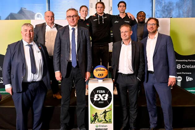Peter Wouters, Antwerp Alderman of Sports, Koen Umans, General Manager Belgian Cats, Kamil Novak, FIBA Executive Director Europe, Ine Joris, athlete Thibaut Vervoort , athlete Rafael Bogaerts , Joris Cnockaert, Chief Commercial Officer Crelan-AXA, Lieven Ndala and Michel Francken, CEO Golazo Events pictured during a press conference, PK, Pressekonferenz on the World Championship, WM, Weltmeisterschaft basket 3x3 in Antwerp from 21 to 26 June 2022, Tuesday 08 March 2022, in Berchem. DIRKxWAEM  x19465953x