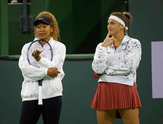 March 08, 2022 Naomi Osaka of Japan and Aryna Sabalenka of Belarus in action during the Eisenhower Cup of the 2022 BNP Paribas Open at Indian Wells Tennis Garden in Indian Wells, California. Mandatory Photo Credit : CSM. Indian Wells United States of America - ZUMAc04_ 20220308_zaf_c04_157 Copyright: xCharlesxBausx