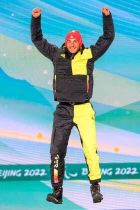 Paralympic Games Beijing 2022 09.3.2022 Day (5) ZHANGIJAKOU, PEOPLES REPUBLIC OF CHINA - MARCH 09: Image of the Paralympic Games Beijing 2022 during the medal ceremonies at Zhangijakou Medals Plaza of Zhangijakou on 20.8.2021 in Hebei Peoples Republic of China. MAIER, Marco (GER), local club: SV Kirchzarten (BAD), date of birth: 20.12.1999 place of birth: Oberstdorf, paralympic classification: LW8 standing jumping on the podest for his silver medal. Oliver Kremer DBS Copyright: xBEAUTIFULxSPORTS OliverxKremerx
